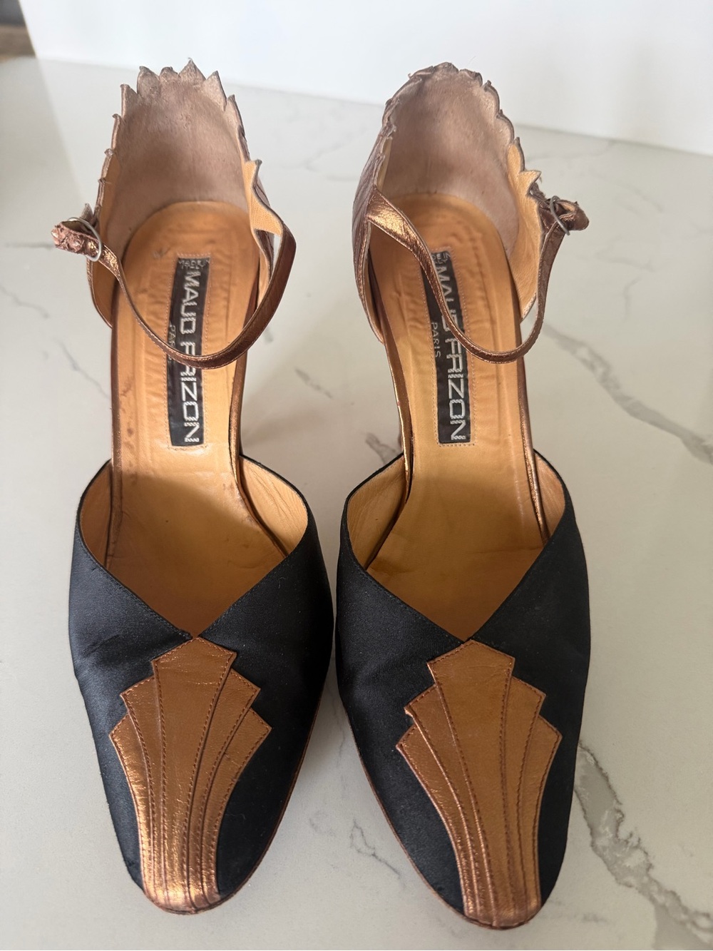 Mary’s Frizon Art Deco  Vintage 
Black & Copper Satin Ankle-Strap Pumps